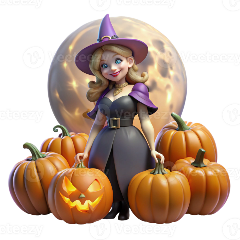 Smiling Witch with Pumpkins and a Full Moon png