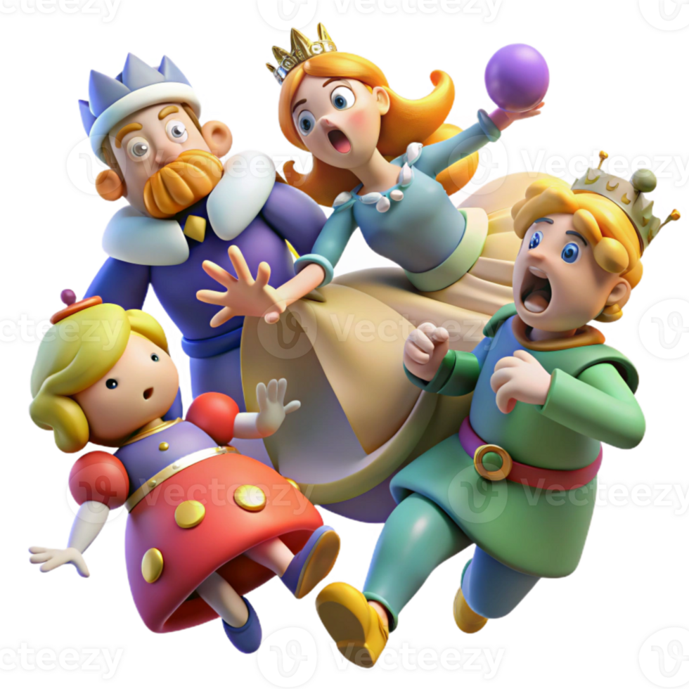 Royal Family in a Panic 3D Cartoon Characters in a Chaotic Scene png