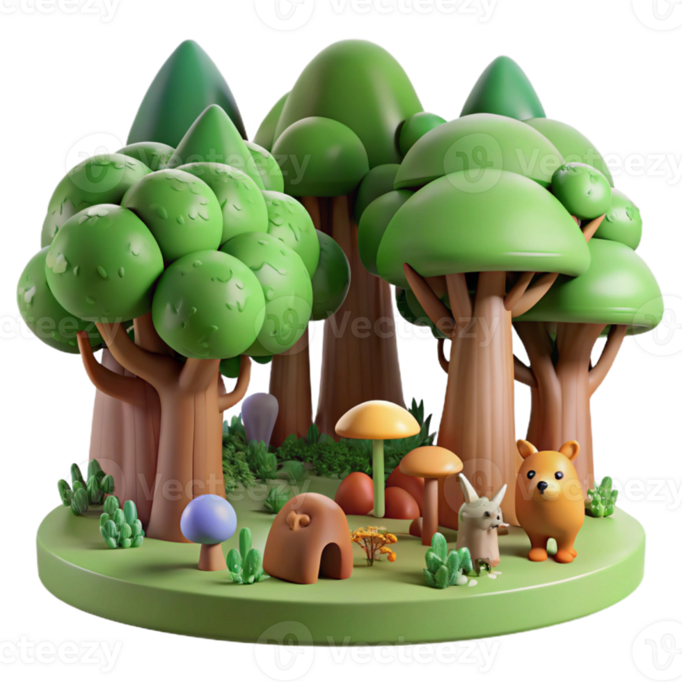 3D Cartoon Forest Scene with Trees, Mushrooms, and Animals png