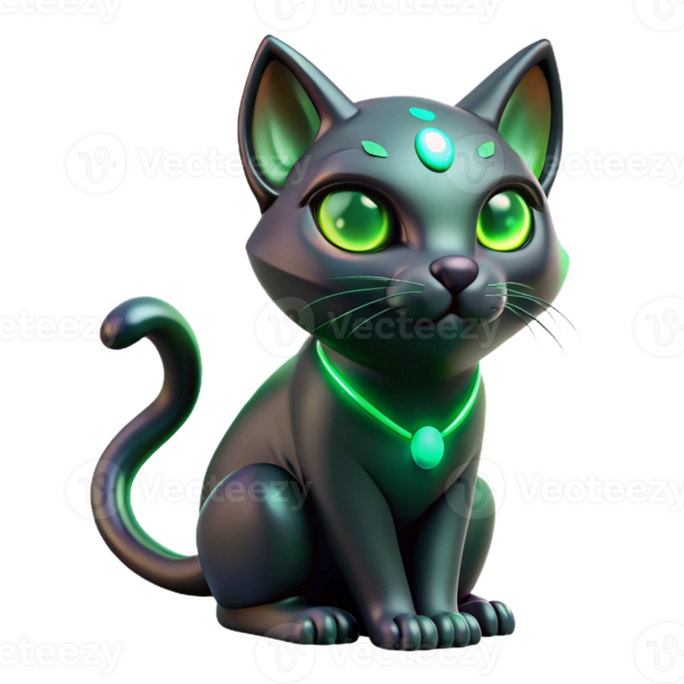 Cute 3D Black Cat with Green Eyes and Glowing Necklace png
