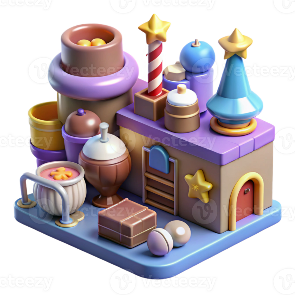 3D Cartoon Building with Stars, Tower, and Ladder png