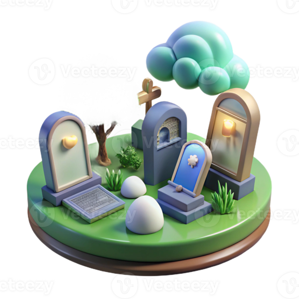 3D Rendered Graveyard Scene with Tombstones, Cross, Cloud, and Flowers png