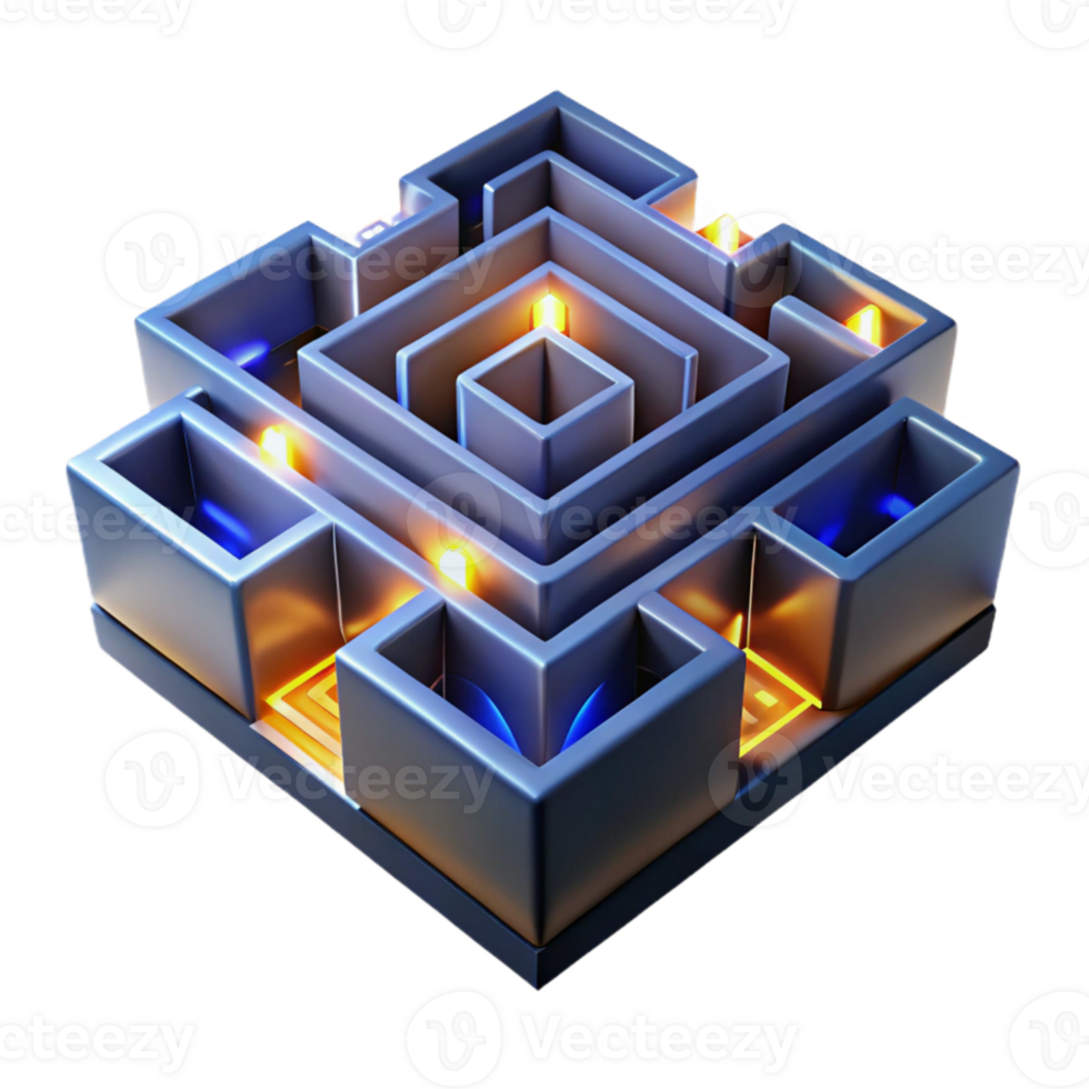 3D Metallic Maze with Illuminated Paths png