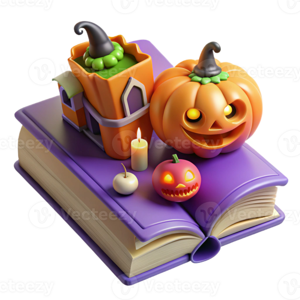 Spooky Halloween Book with Jack-os-Lantern, Haunted House, and Candles png