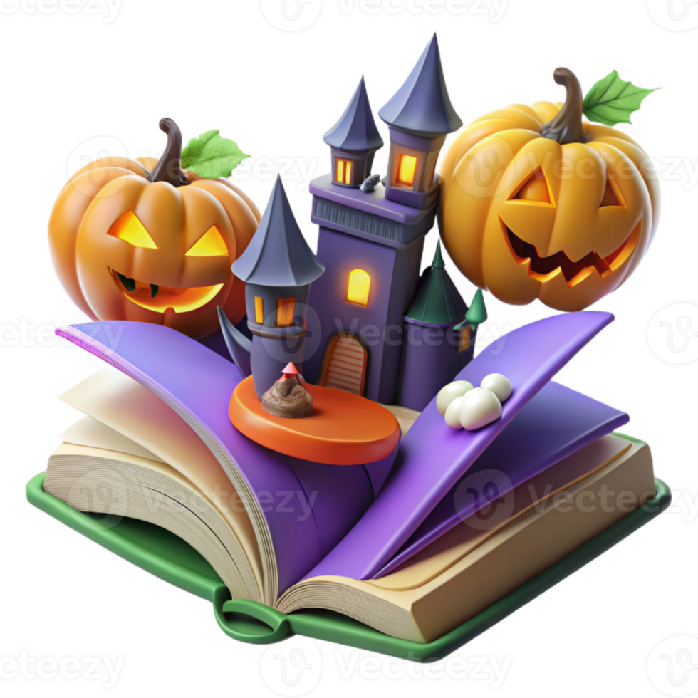 Spooky Halloween Castle and Pumpkins Emerging from Open Book png