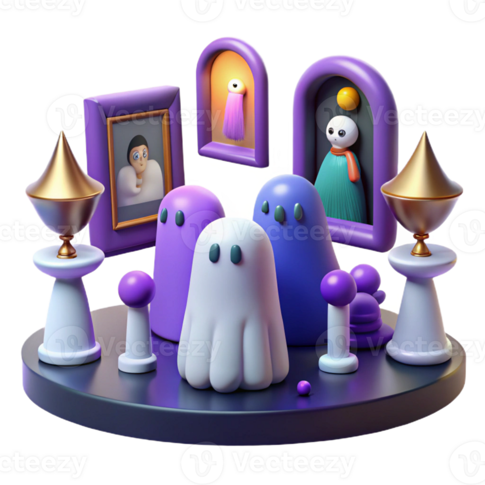 3D Render of Ghosts and Frames on a Platform png