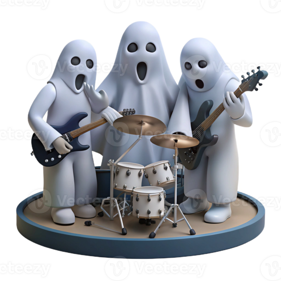 Ghostly Rock Band Playing Instruments on Stage png