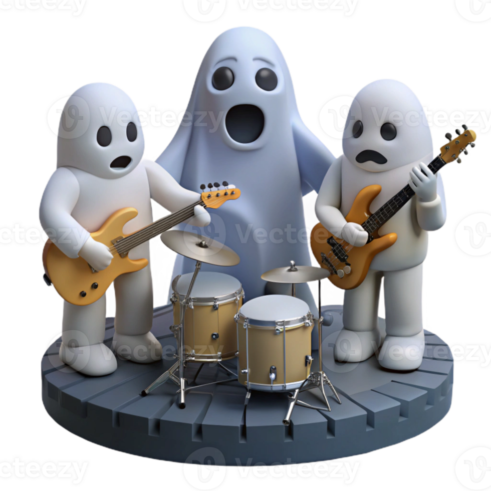 Ghostly Rock Band 3D Illustration of Three Ghosts Playing Music png