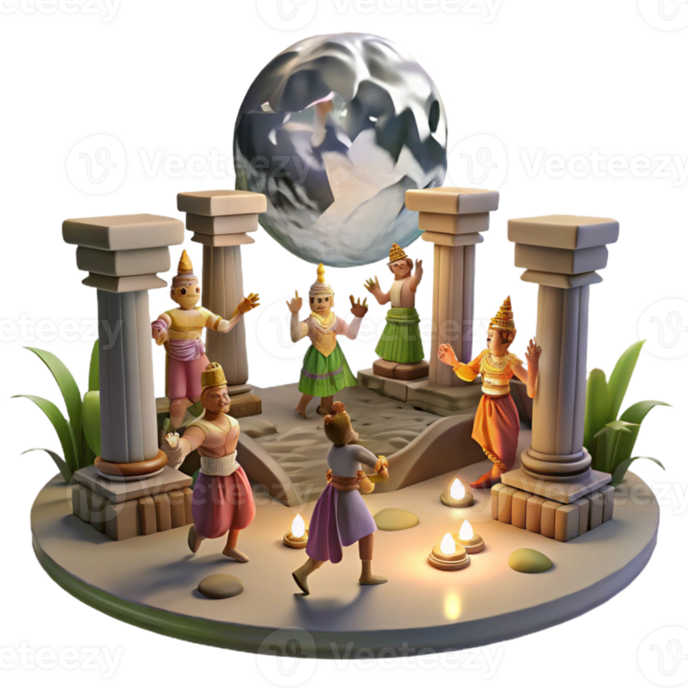 3D Illustration of Ancient Ritual with Dancing Figures Under a Large Moon png