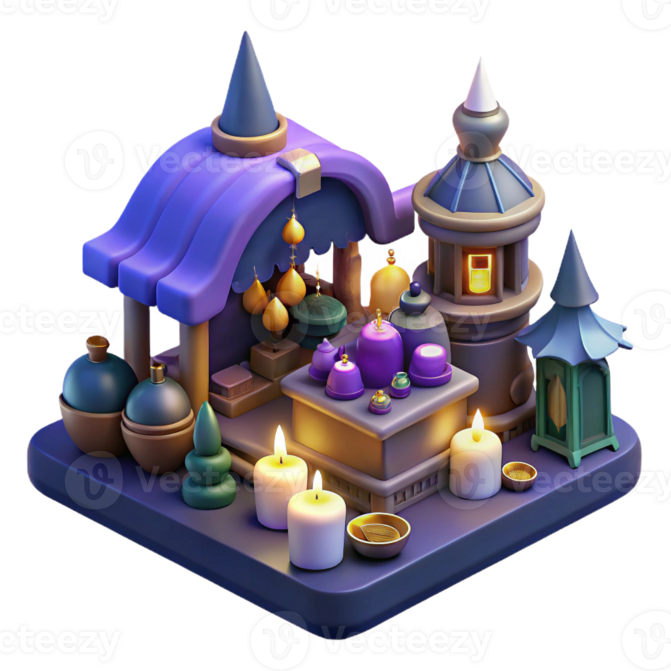 3D Render of a Fantasy Market Stall with Candles and Lanterns png