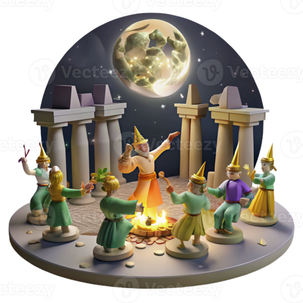 Nighttime Ritual Figures Dancing Around a Campfire Under a Full Moon png