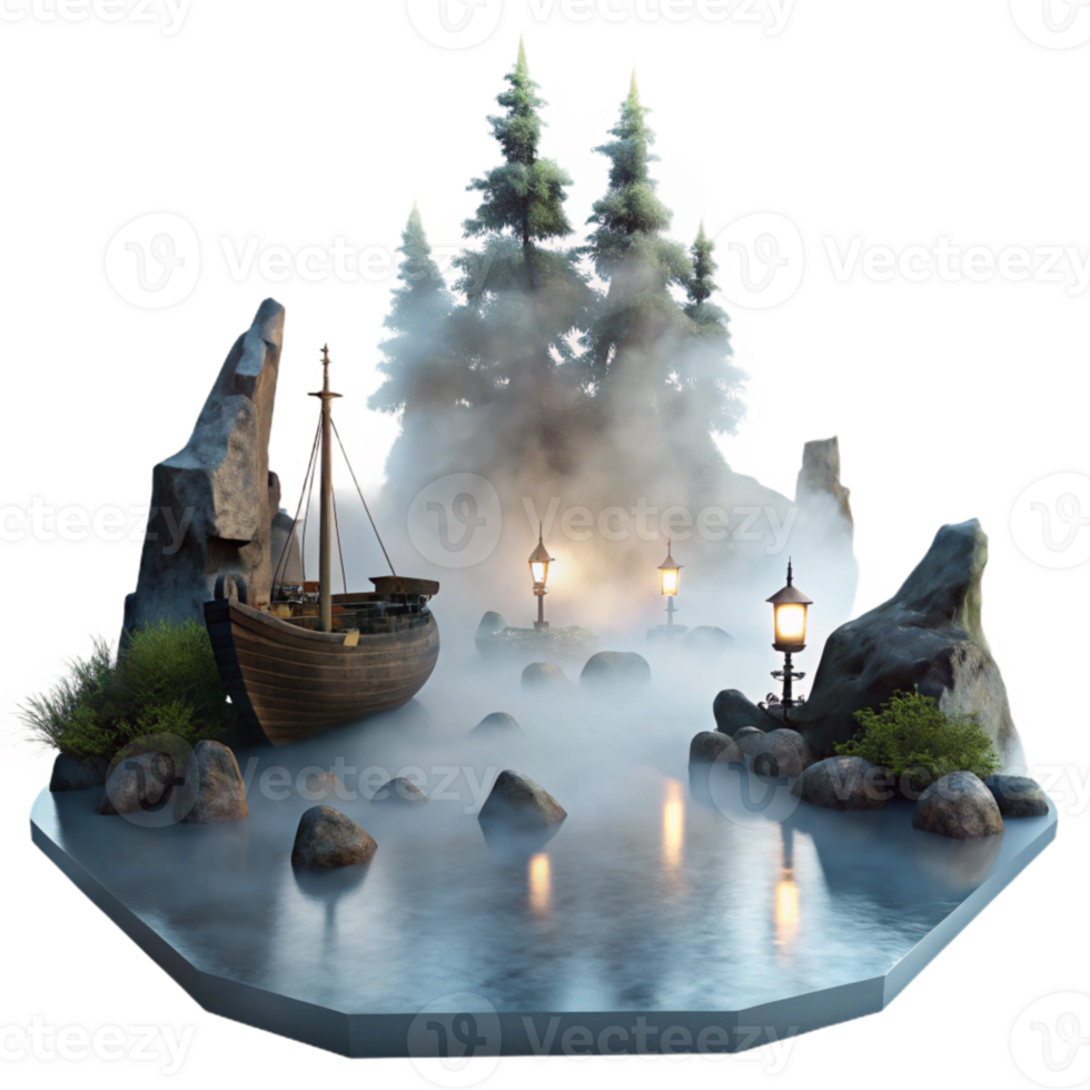 Foggy Forest Scene with Boat, Rocks, and Lanterns png