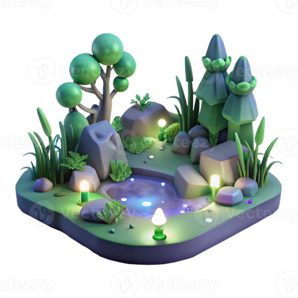 3D Illustration of a Magical Forest Glade with a Glowing Pond png