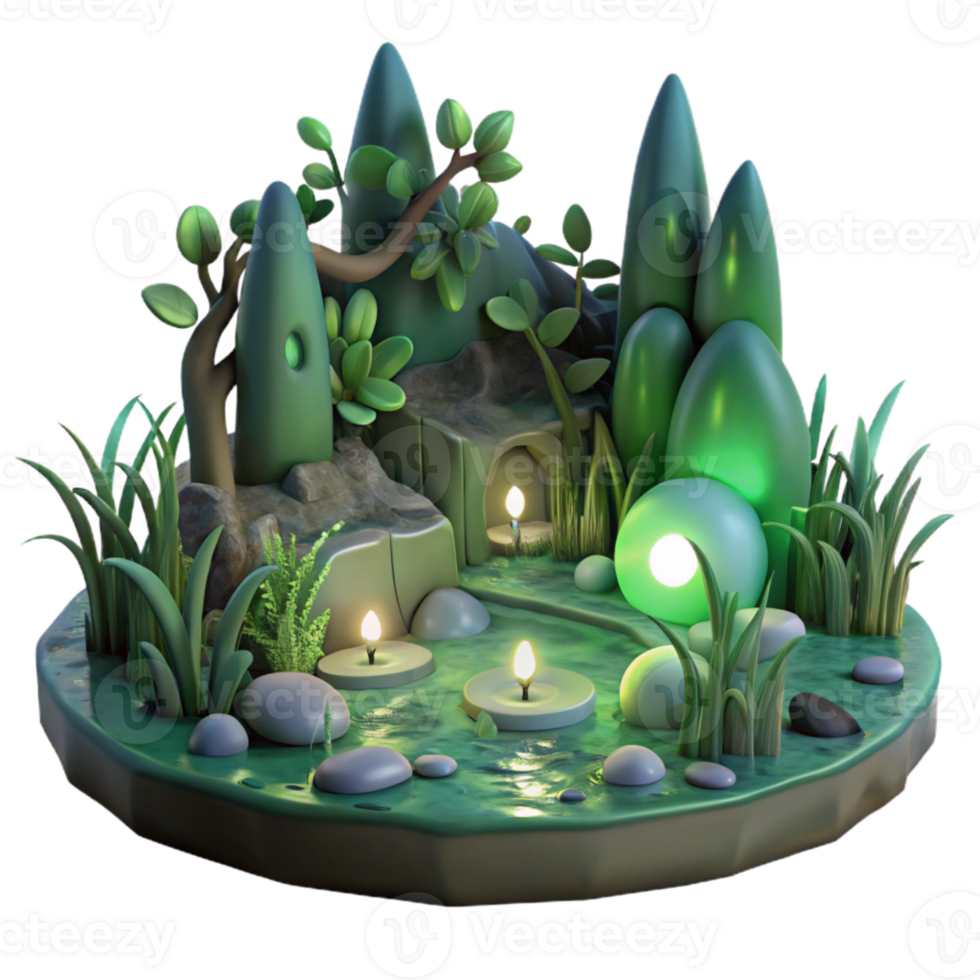 Enchanted Forest Oasis with Glowing Lights and Lush Greenery png