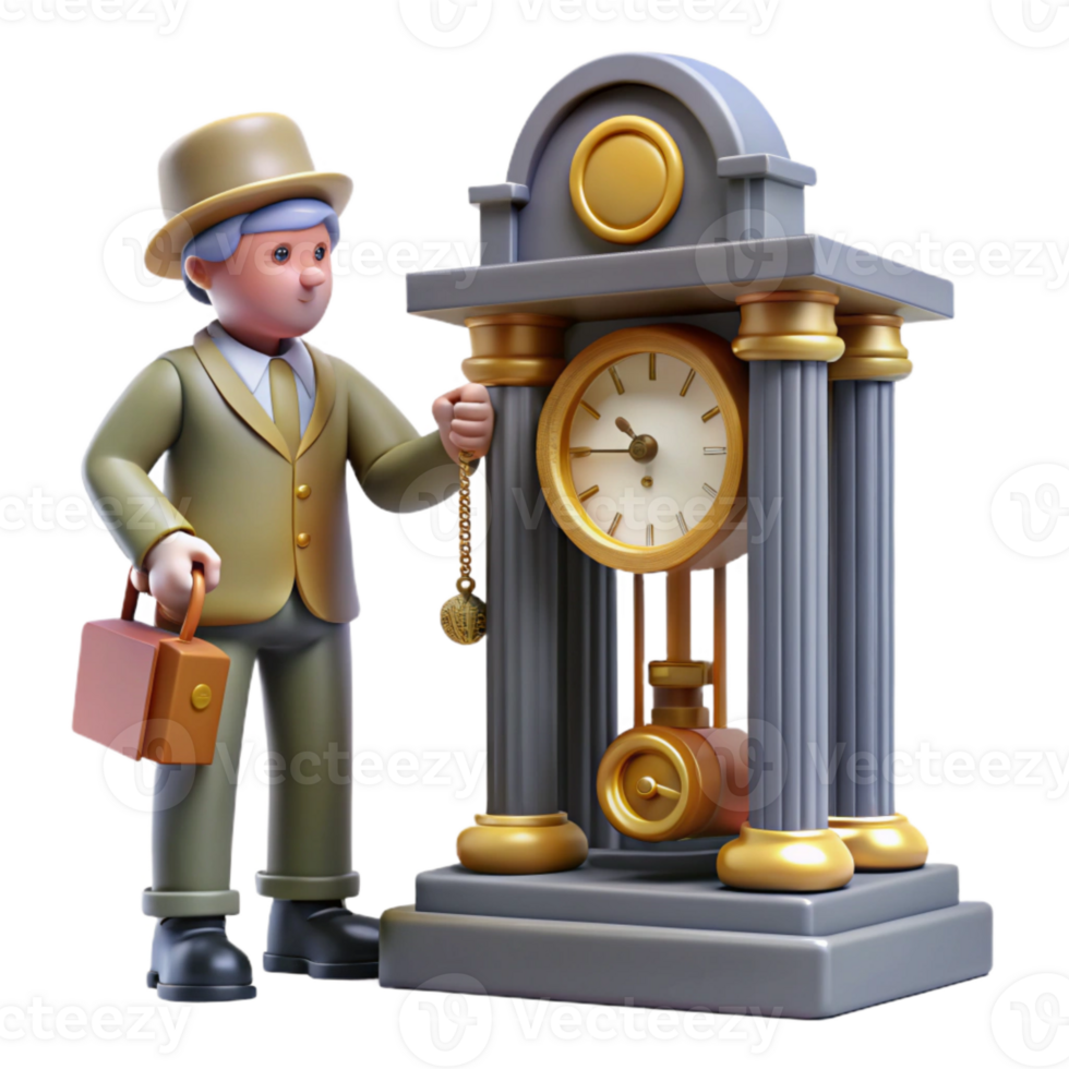 Man in Suit Adjusting a Pendulum Clock png