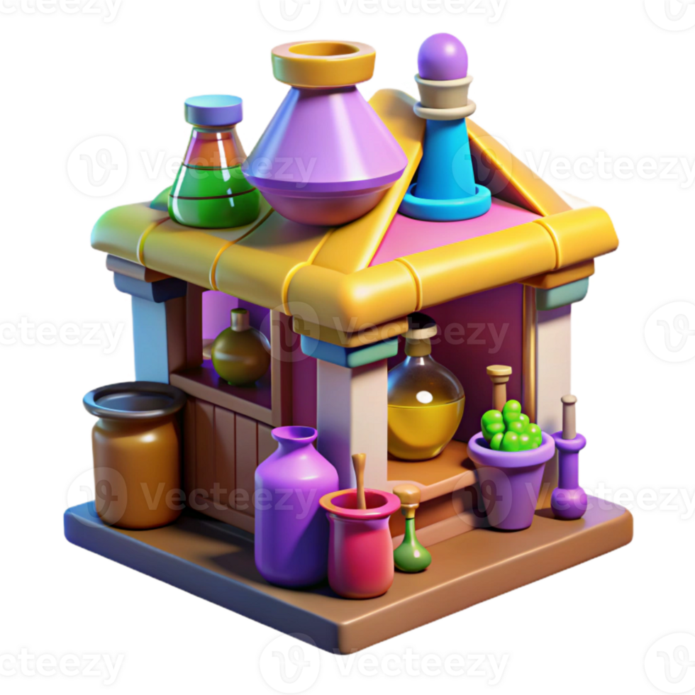 3D Rendered Illustration of a Colorful Shop with Potions and Other Items png