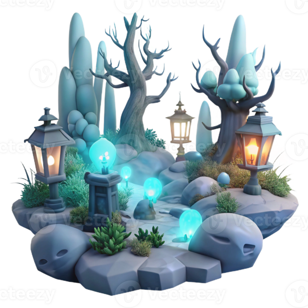 Enchanted Forest Path with Glowing Lights and Stone Lanterns png