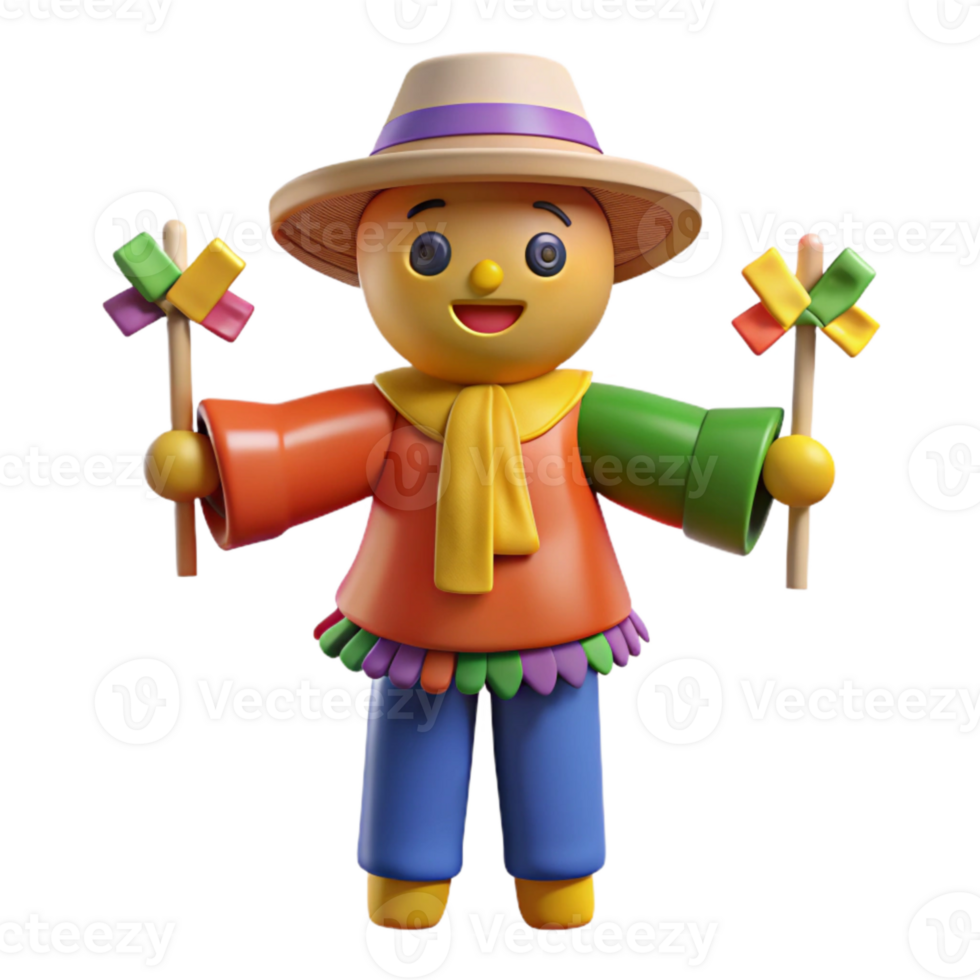 Cheerful Cartoon Scarecrow with Colorful Pinwheels png