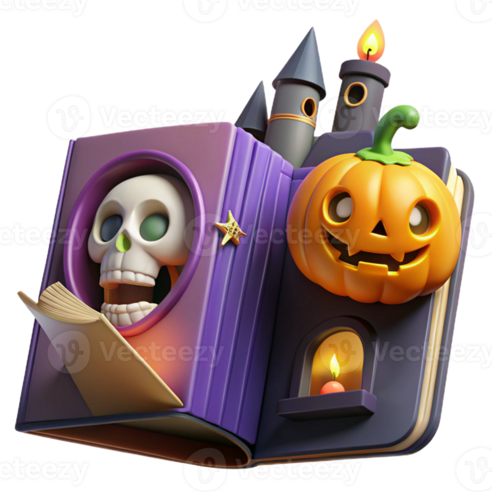 Spooky Halloween Book with Skull, Pumpkin, and Castle png