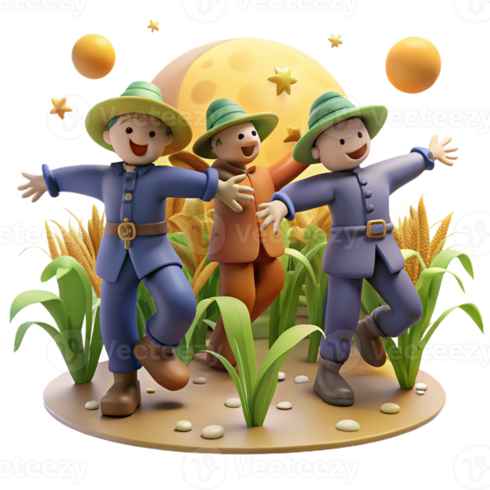 Three Cheerful Scarecrow Characters Dancing Under a Full Moon png