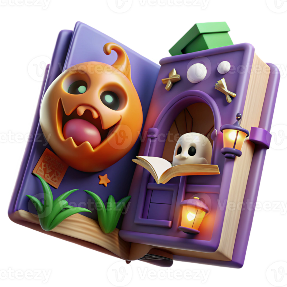 Spooky Halloween Book with Pumpkin and Ghost png