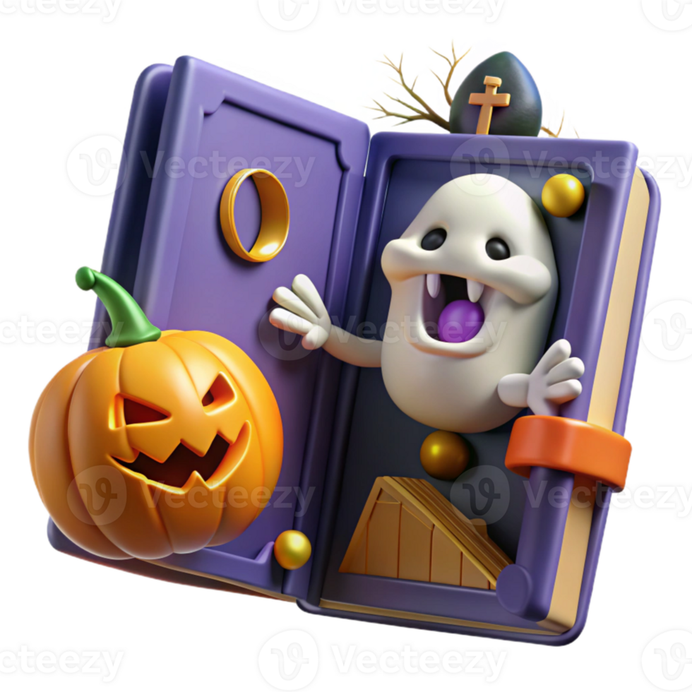 Spooky Ghost Peeking from Book with Jack-os-Lantern png