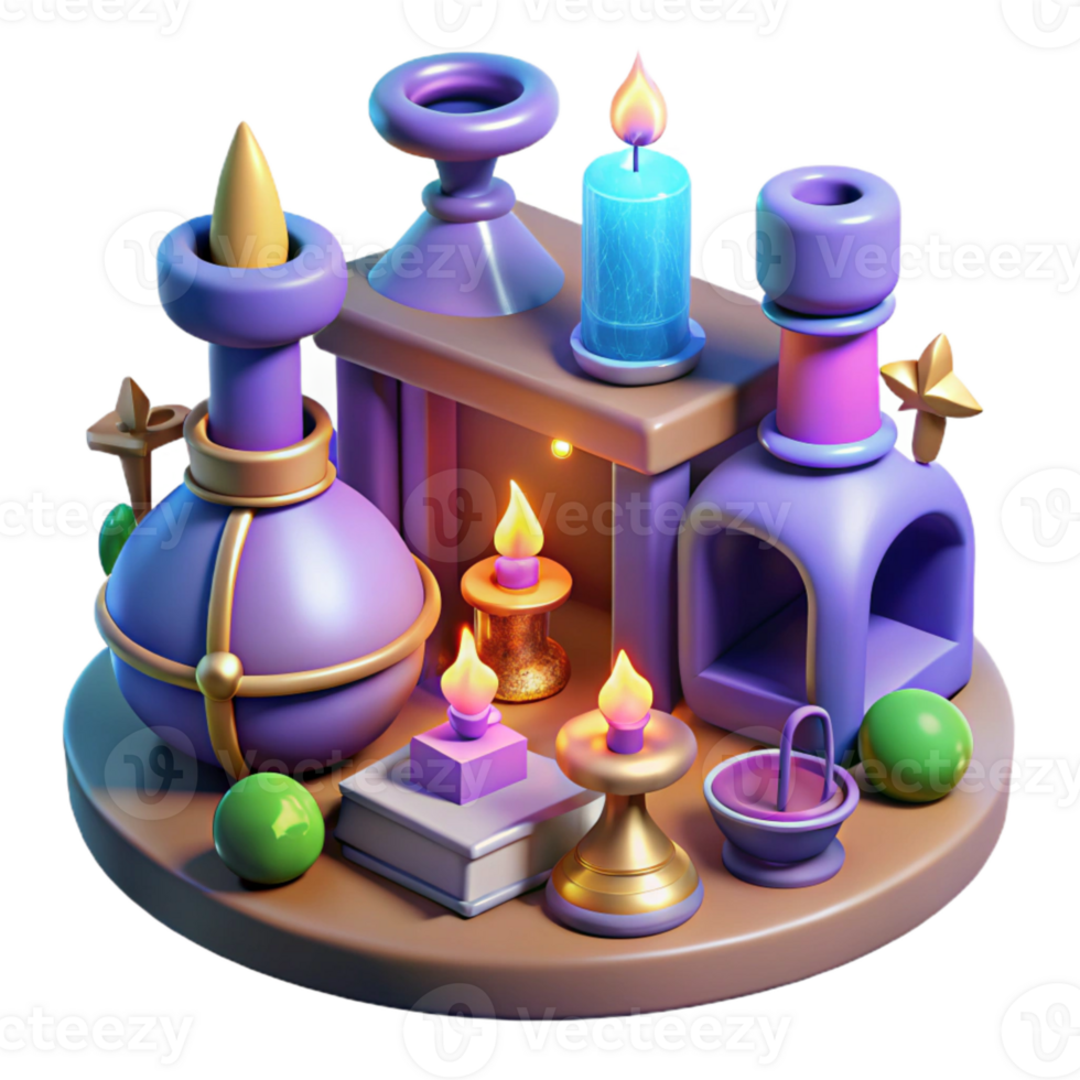 3D Rendered Scene with Candles, Bottles, and a Fireplace png