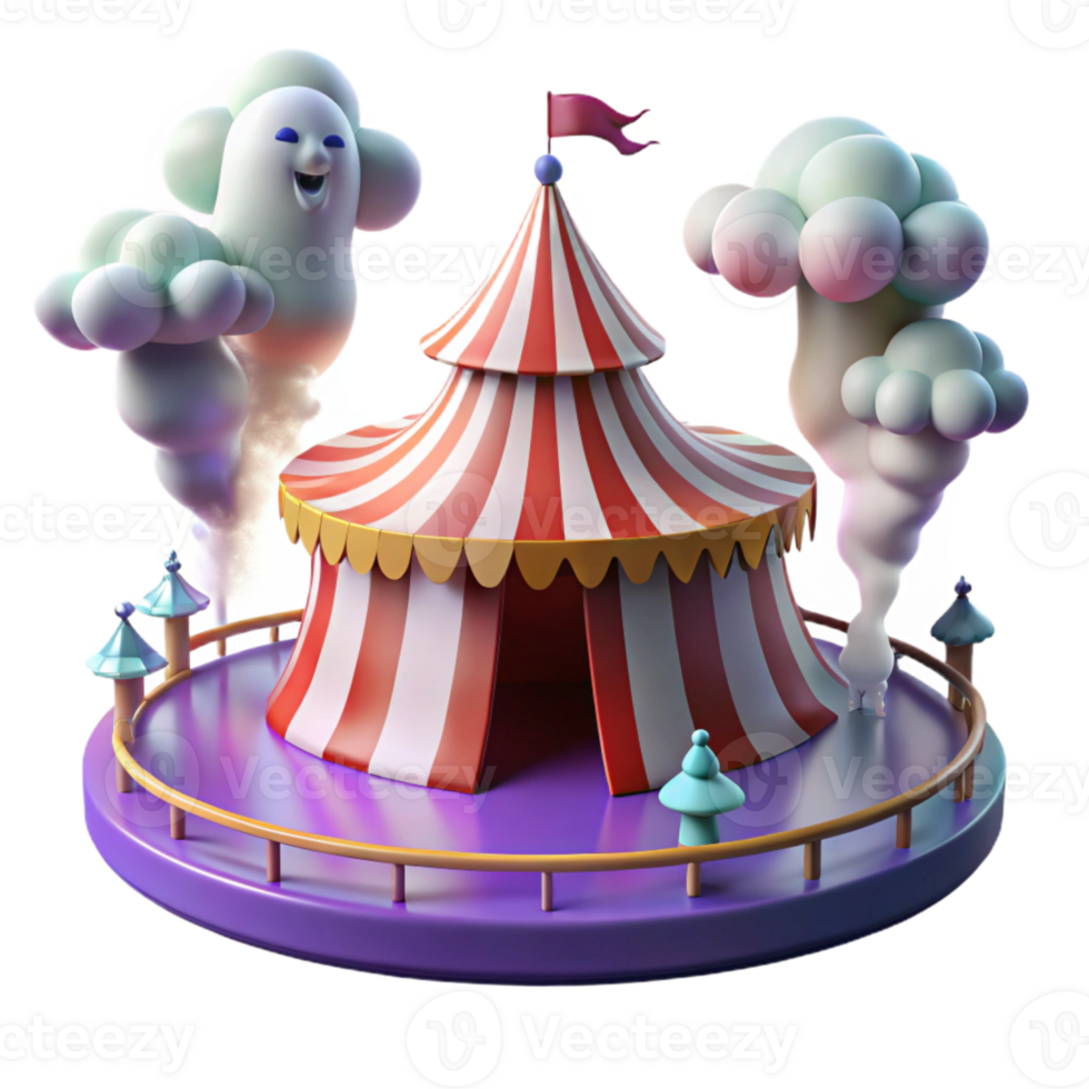 3D Render of Striped Circus Tent with Puffy Clouds png