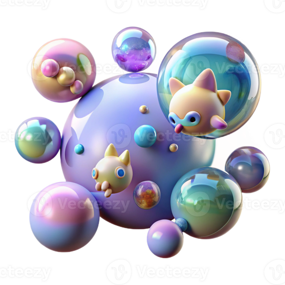 Abstract 3D Art with Colorful Bubbles and Characters png