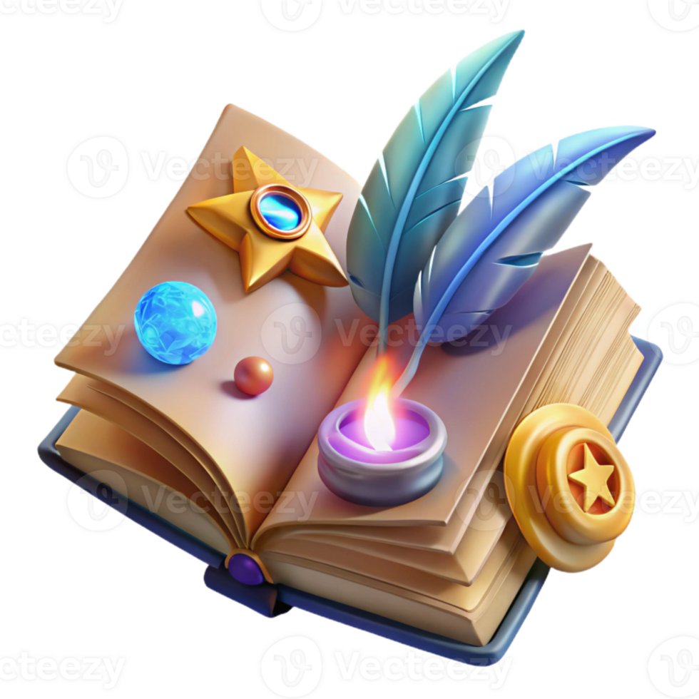 Magic Book with Candle, Feathers, Star, and Orb png