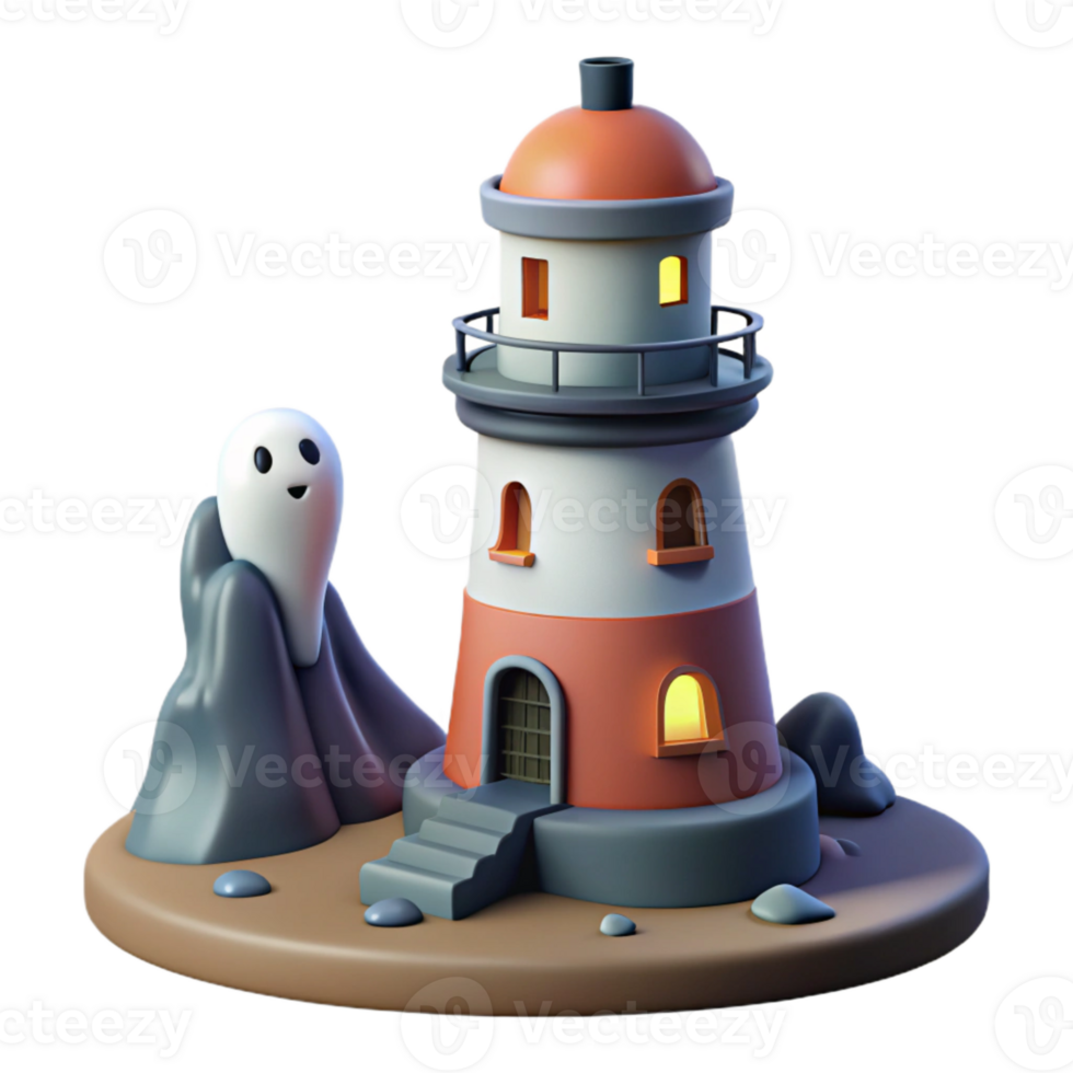 3D Rendered Lighthouse with Ghost and Rocks png