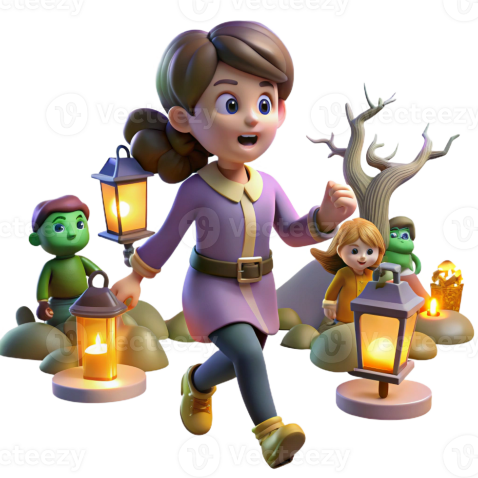 3D Animated Girl Running with Lanterns in a Fantasy World png