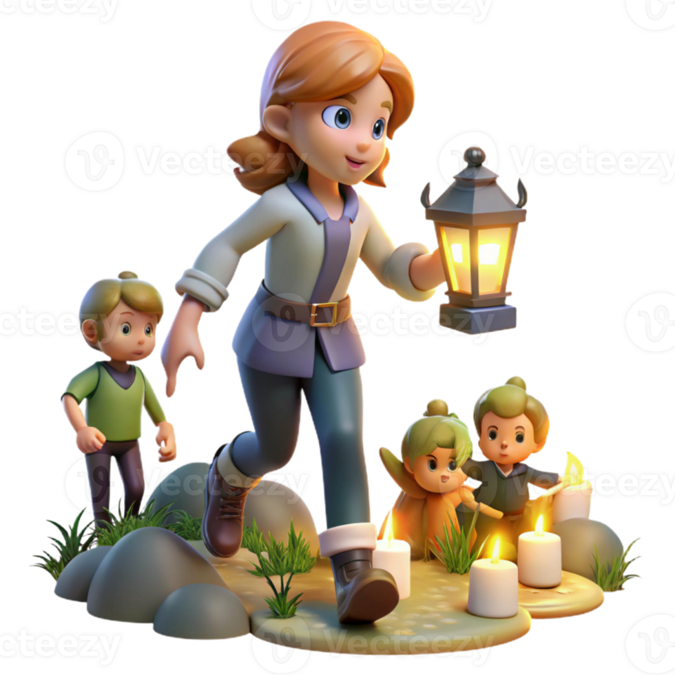 3D Animated Character Leading a Group of Children with Lanterns png