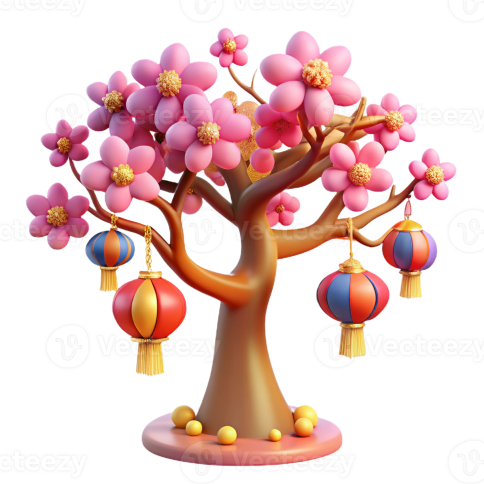Blooming Tree with Hanging Lanterns png
