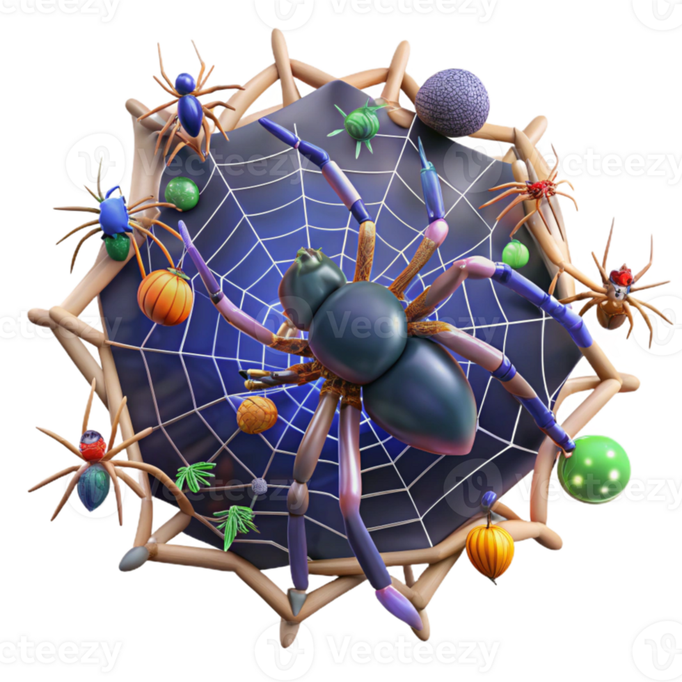 A Large Spider in a Web with Colorful Balls and Small Spiders png