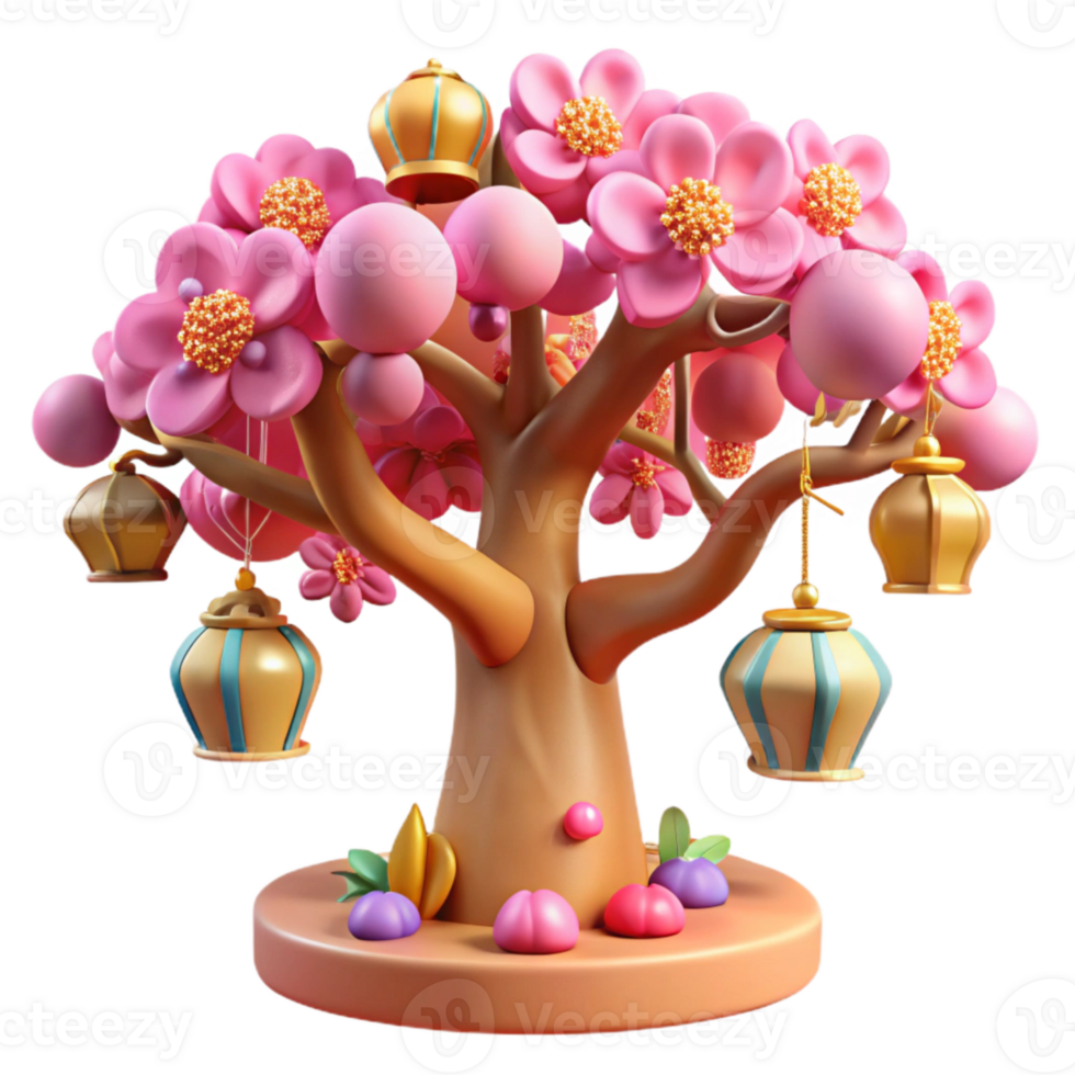 3D Cartoon Tree with Pink Blossoms and Hanging Lanterns png