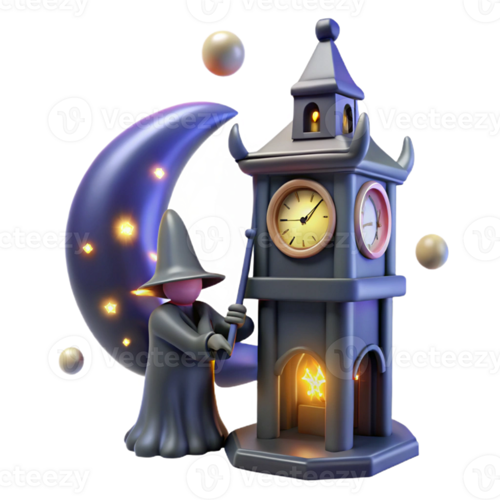3D Render Witch and Clock Tower Under a Crescent Moon png