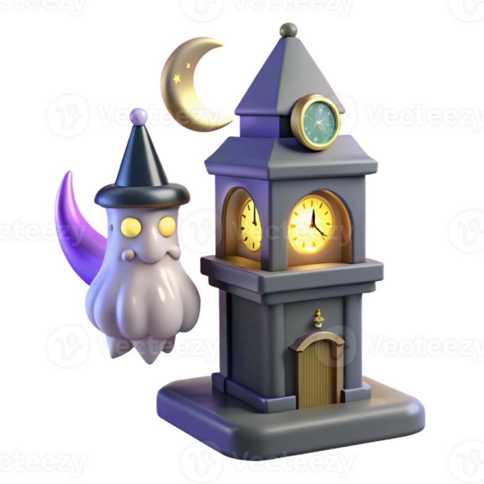 3D Render of a Ghost Flying by a Clock Tower png