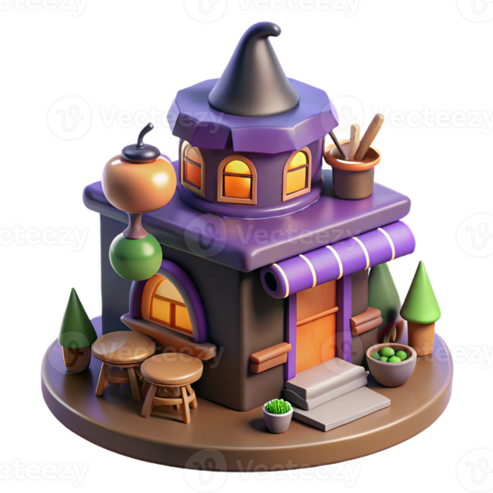 3D Render of a Purple and Brown Witchss Cottage with a Pointed Roof and Windows png