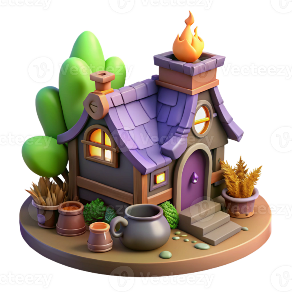 3D Rendered Cottage with Purple Roof and a Smoking Chimney png
