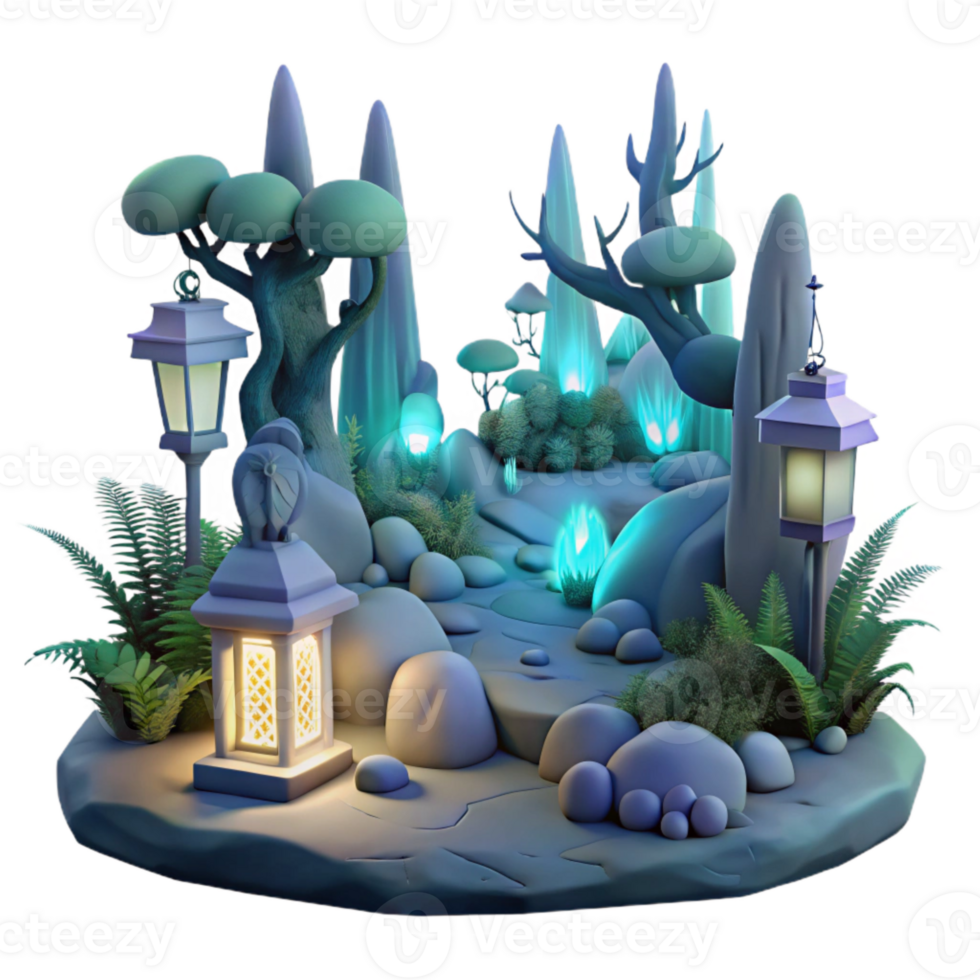 Enchanted Forest Scene with Glowing Lights and Stone Path png