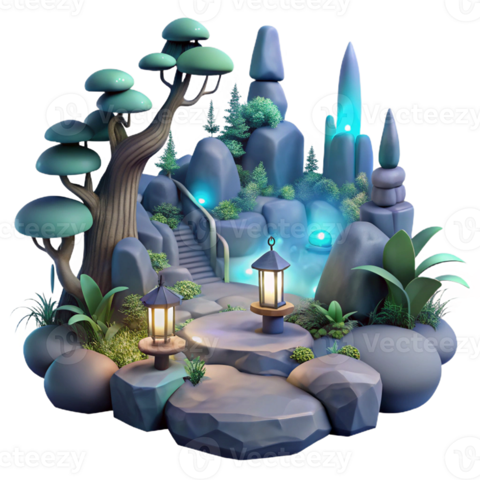 Enchanted Stone Garden with Lanterns and Glowing Orb png
