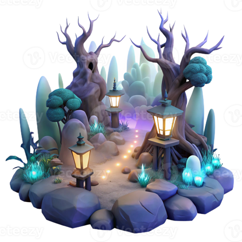 Enchanted Forest Path with Glowing Lanterns and Mystical Lights png