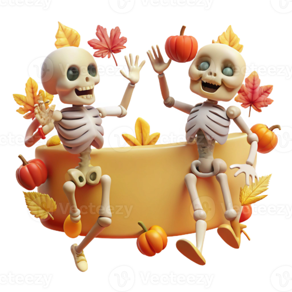Funny Skeleton Friends with Pumpkins and Fall Leaves png