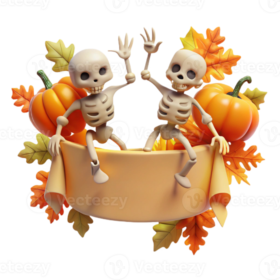 Skeletons Celebrate with Pumpkins and Fall Leaves png