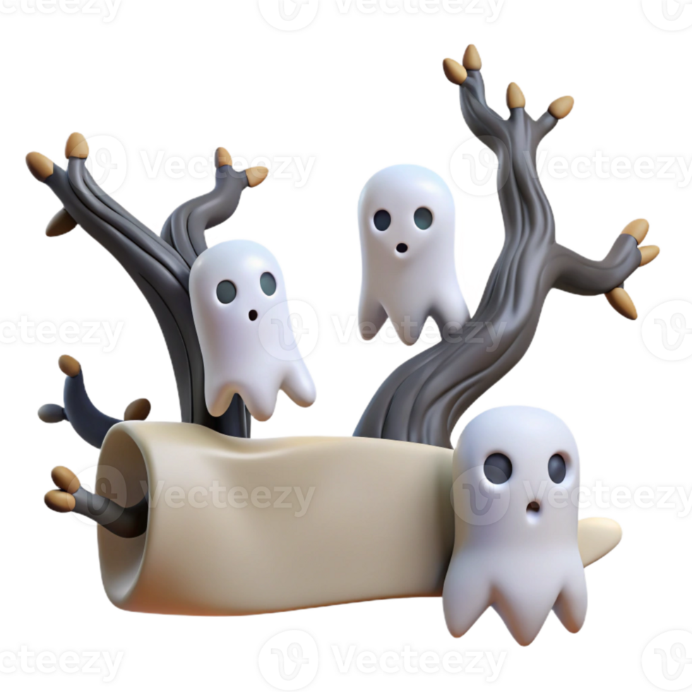 Cute 3D Cartoon Ghosts on Spooky Tree Branches png