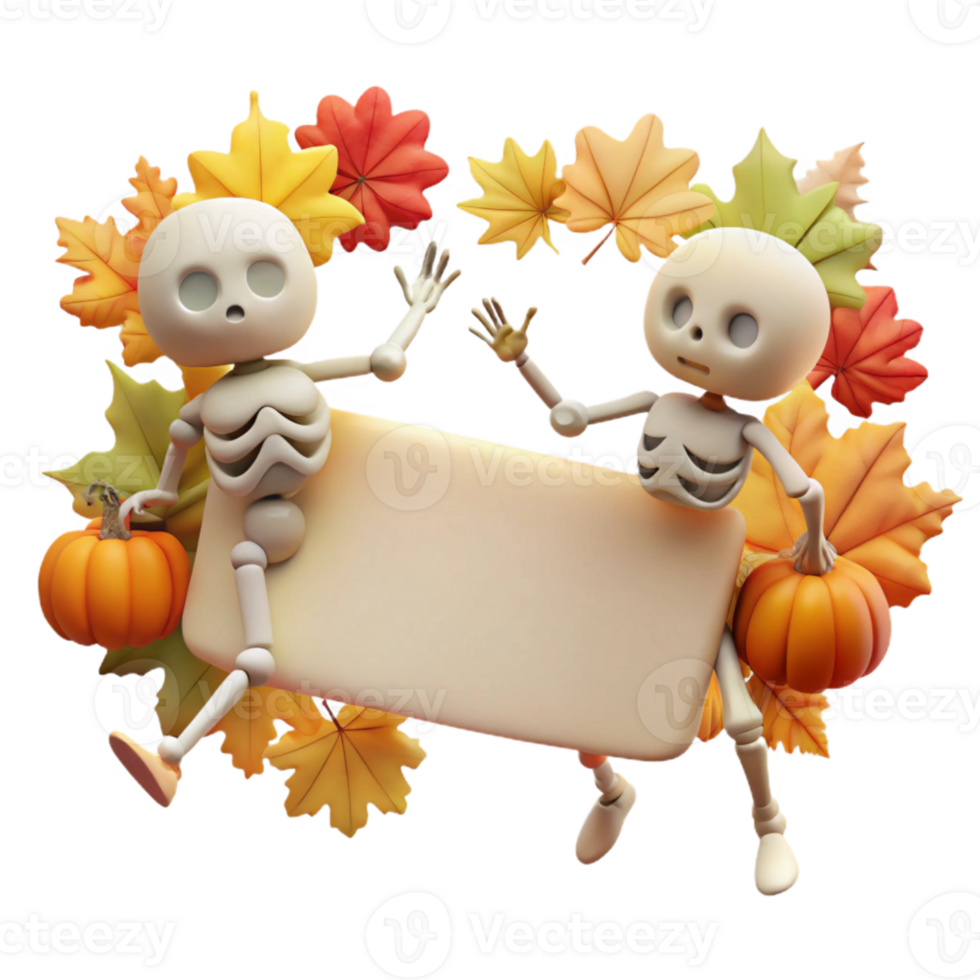 Cute Skeletons Holding Pumpkins with Blank Sign Surrounded by Autumn Leaves png