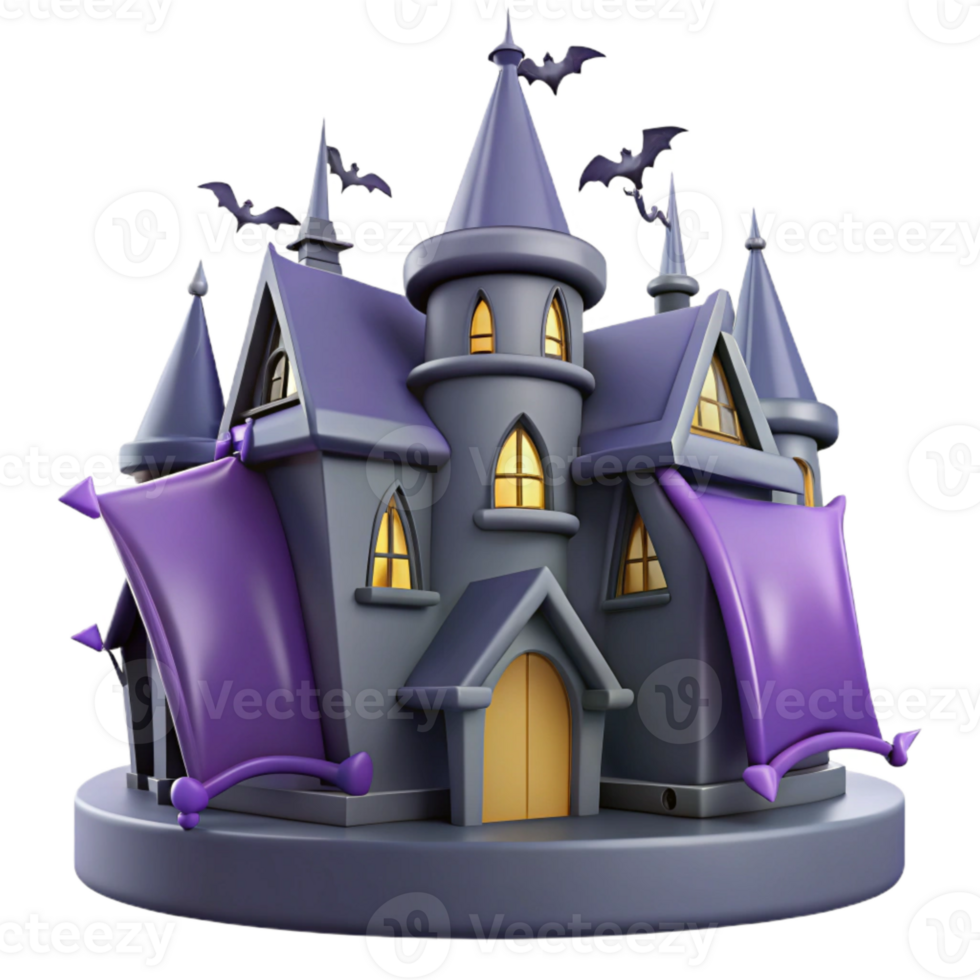 3D Cartoon Haunted House with Bats and Purple Flags png
