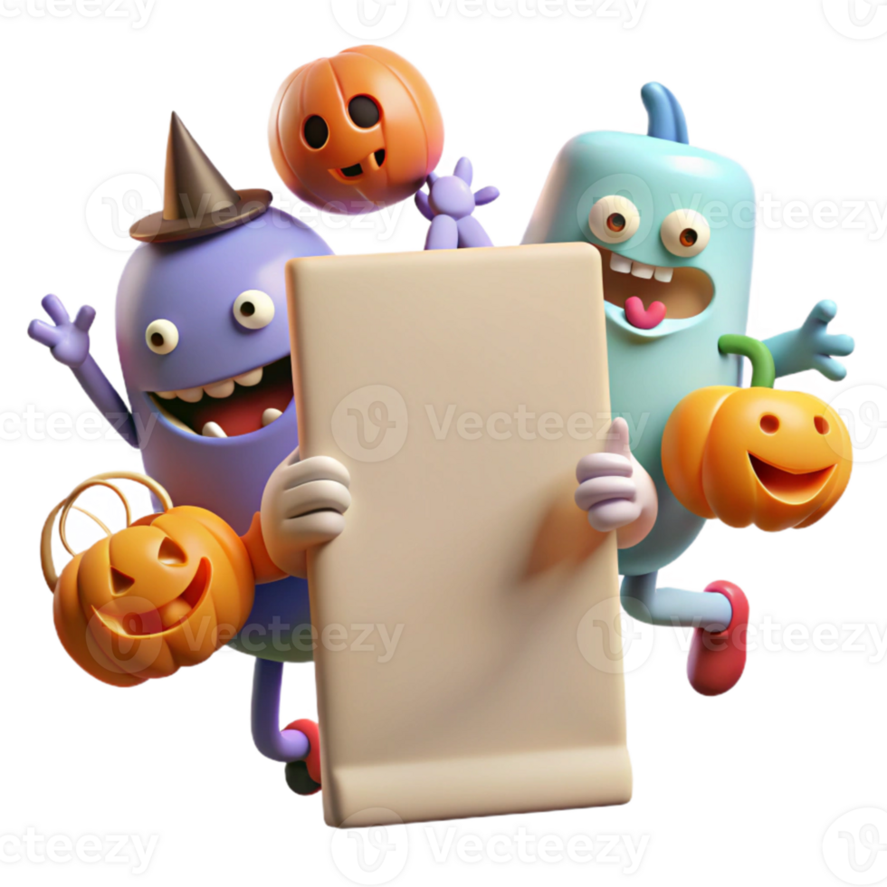Cute Halloween Monsters Holding a Blank Sign png