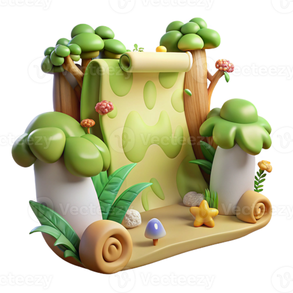 Cute 3D Cartoon Forest Scene with Mushrooms, Trees, and a Scroll png